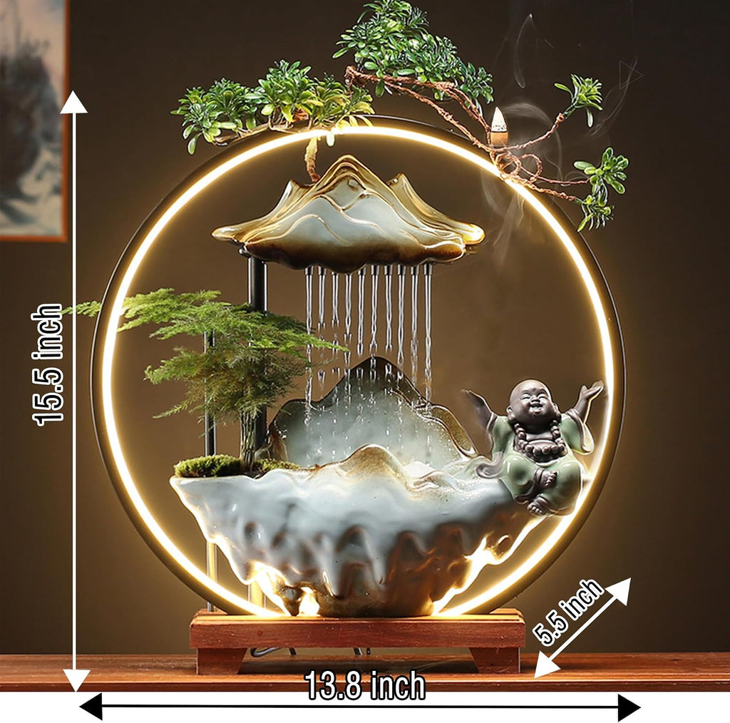 Tabletop Buddha Fountains Indoor Buddha Tabletop Water Fountains with Waterfall Lights Mist Backflow Incense Holder Meditation Indoor Zen Fountain for Home Office Room Decor (2 Buddha Statues)