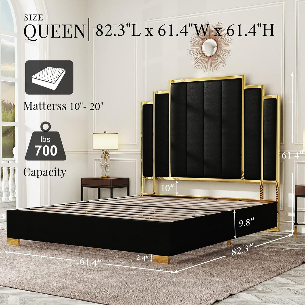 Albott Queen Size Platform Bed Frame, 61.4' Velvet Upholstered Bed with Gold Trim Headboard/Wooden Slats/No Box Spring Needed/Black