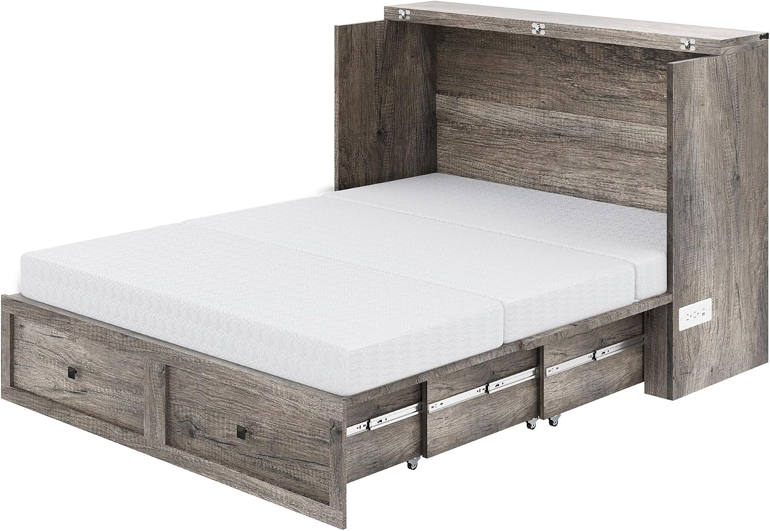 LUXOAK Queen Murphy Bed with 6' White Tri-Fold Memory Foam Mattress, Storage Drawer & Charging Station, Space-Saving Design for Home Office or Guest Room, Rustic Grey