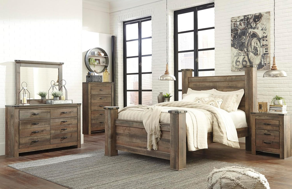 Signature Design by Ashley Trinell Rustic 5 Drawer Chest of Drawers with Nailhead Trim, Warm Brown