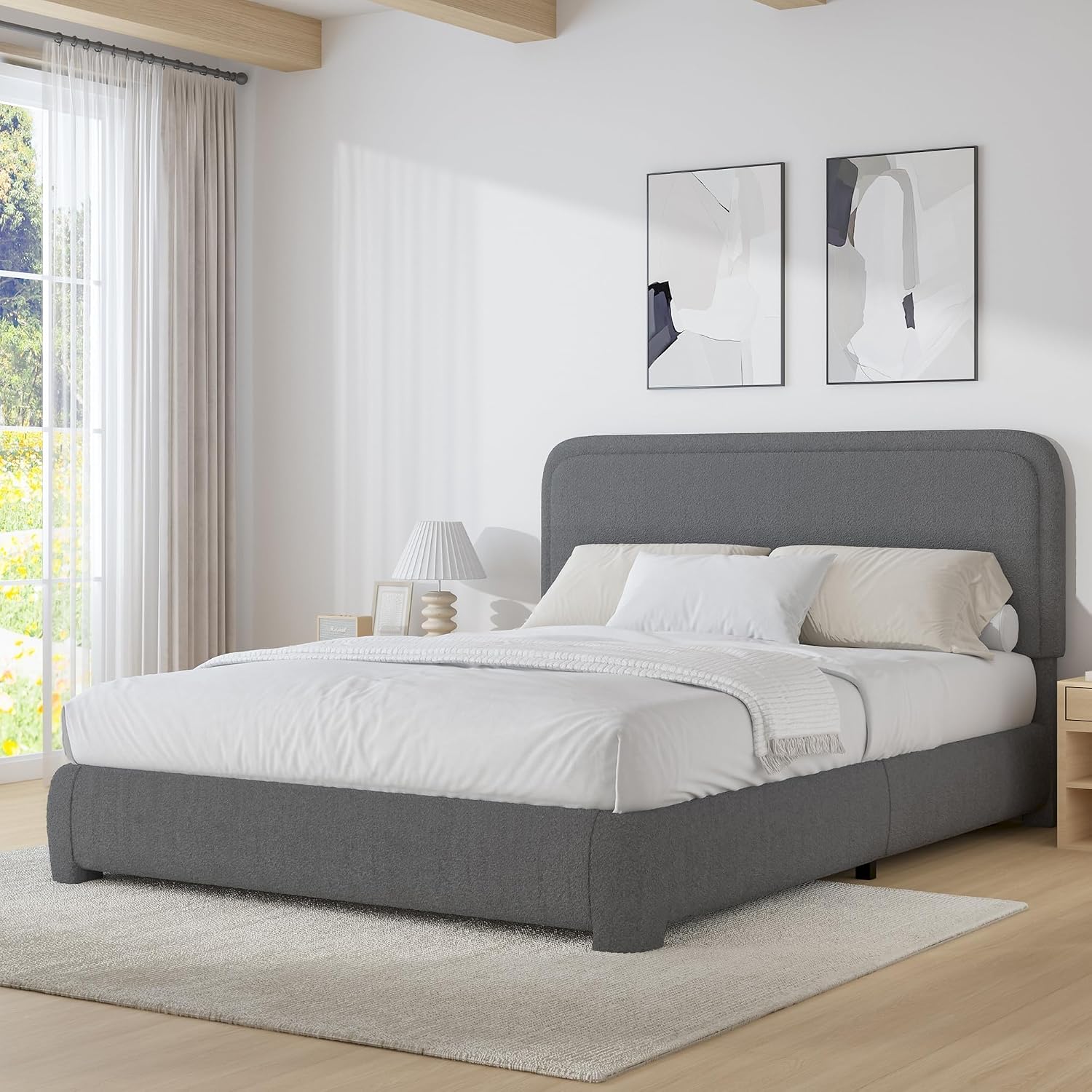 BarnFurin Queen Size Bed Frame, Boucle Upholstered Platform Bed Frame with Headboard, Soft Rounded Corners, No Box Spring Required, Non-Slip and Noise-Free, Easy Assembly, Dark Grey