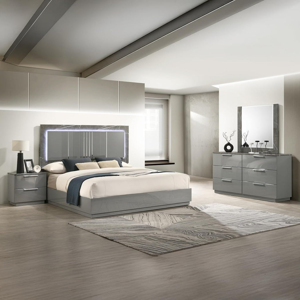 Modern Queen Bedroom Set: 4-Piece Gray Two-Tone Marble & Lacquer Furniture - LED Lighting Headboard & Red Velvet Drawers - Metal Legs for Luxurious Master Bedroom