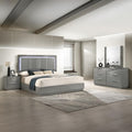 Modern Queen Bedroom Set: 4-Piece Gray Two-Tone Marble & Lacquer Furniture - LED Lighting Headboard & Red Velvet Drawers - Metal Legs for Luxurious Master Bedroom