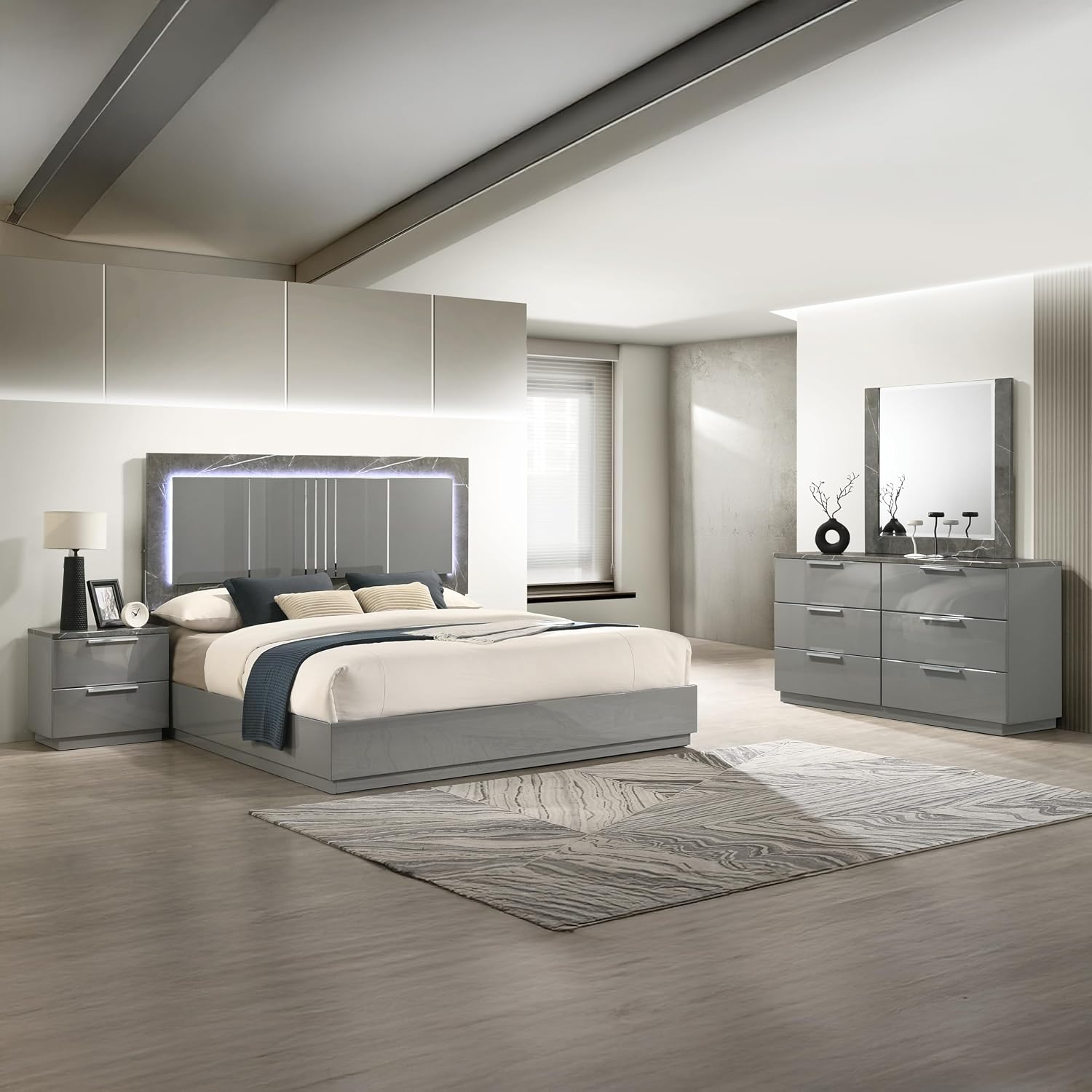 Modern Queen Bedroom Set: 4-Piece Gray Two-Tone Marble & Lacquer Furniture - LED Lighting Headboard & Red Velvet Drawers - Metal Legs for Luxurious Master Bedroom