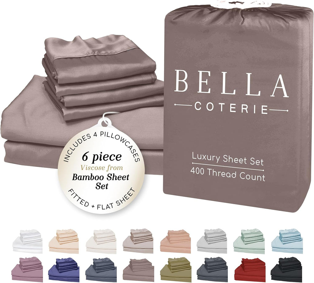 Bella Coterie 6 Piece Luxury Bamboo Viscose King Size Sheet Set | 100% Organically Grown | Cooling for Hot Sleepers | 18' Deep Pocket | Soft & Hypoallergenic | 4 Pillowcases [Mocha]