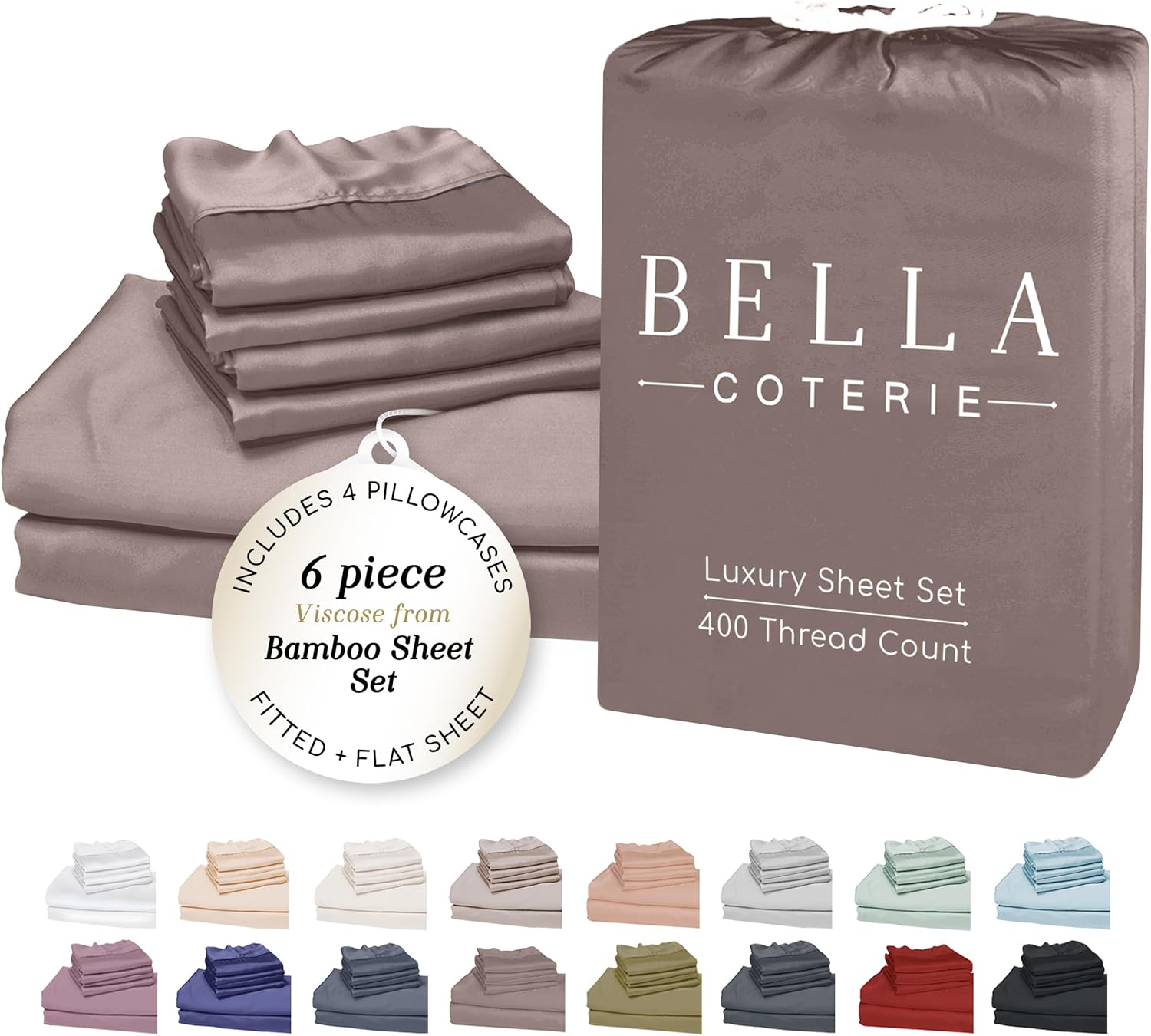 Bella Coterie 6 Piece Luxury Bamboo Viscose King Size Sheet Set | 100% Organically Grown | Cooling for Hot Sleepers | 18' Deep Pocket | Soft & Hypoallergenic | 4 Pillowcases [Mocha]