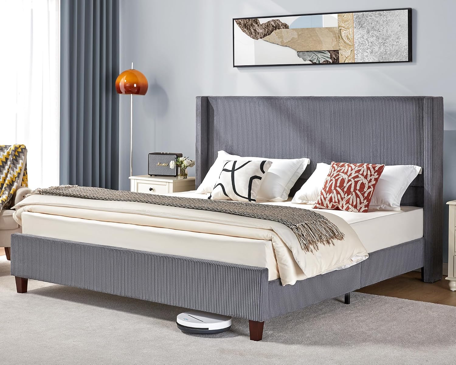 VanAcc Queen Size Platform Bed Frame, 50.8' Corduroy Upholstered Bed with Vertical Channel Tufted Headboard/Wooden Slats/Wingback/No Box Spring Required/Grey
