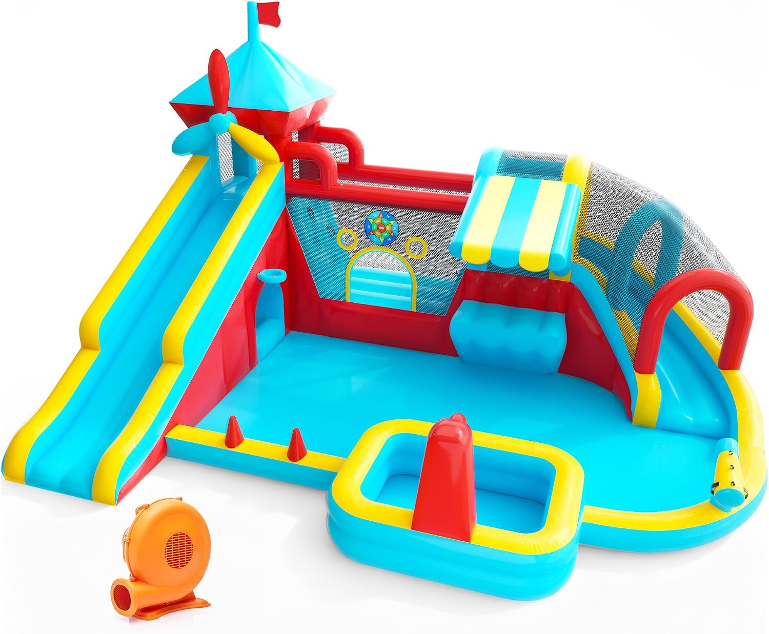 Inflatable Bounce House with Double Slide, Water Slide with Jumping Area, 10 in 1 Large Bounce Castle, Splash Pool, Climbing Wall, Toy Stand, Water Cannon, Basketball, Tunnel, Outdoor, Indoor, Blue