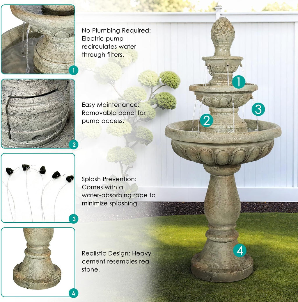 SunJet 42.5' High 3-Tiers Modern Concrete Outdoor Water Fountain - Round Large Outdoor Fountains and Waterfalls for Garden, Patio, Yard, and Deck Decor, Featuring Natural Stone Look