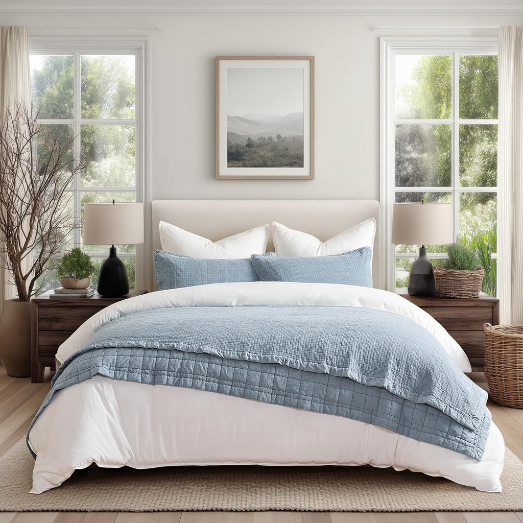 EVERGRACEHOME Stonewashed Cotton Quilt Set King Size, Ultra Soft Oversized Bedspread Coverlet Set, Lightweight Crinkle Box Stitch Bedding Sets for All Season, with 2 Matching Shams, Blue Linen