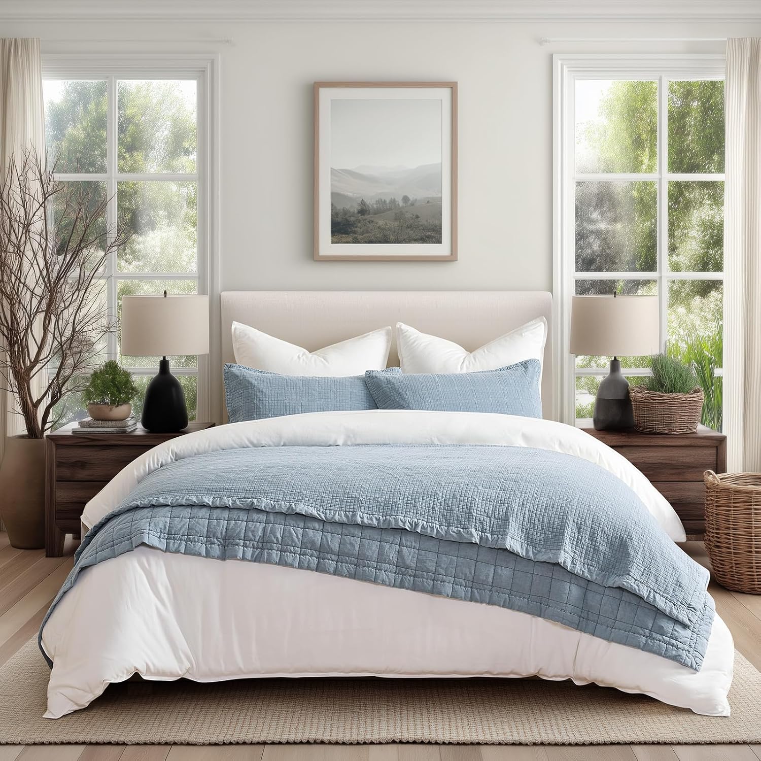 EVERGRACEHOME Stonewashed Cotton Quilt Set King Size, Ultra Soft Oversized Bedspread Coverlet Set, Lightweight Crinkle Box Stitch Bedding Sets for All Season, with 2 Matching Shams, Blue Linen