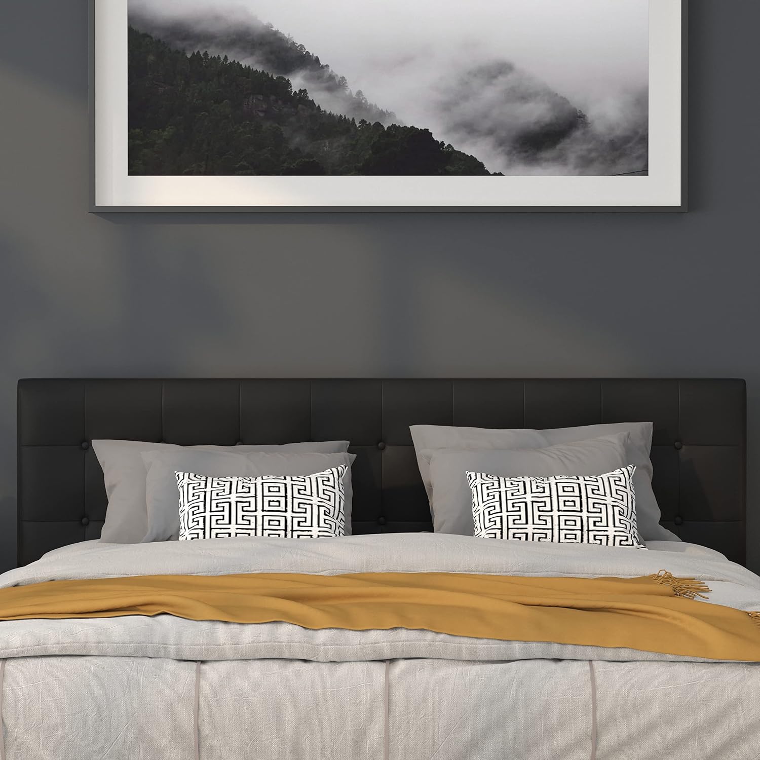 Flash Furniture Lennox Adjustable Height Button Tufted and Box Stitch Upholstered King Size Headboard in Black Vinyl