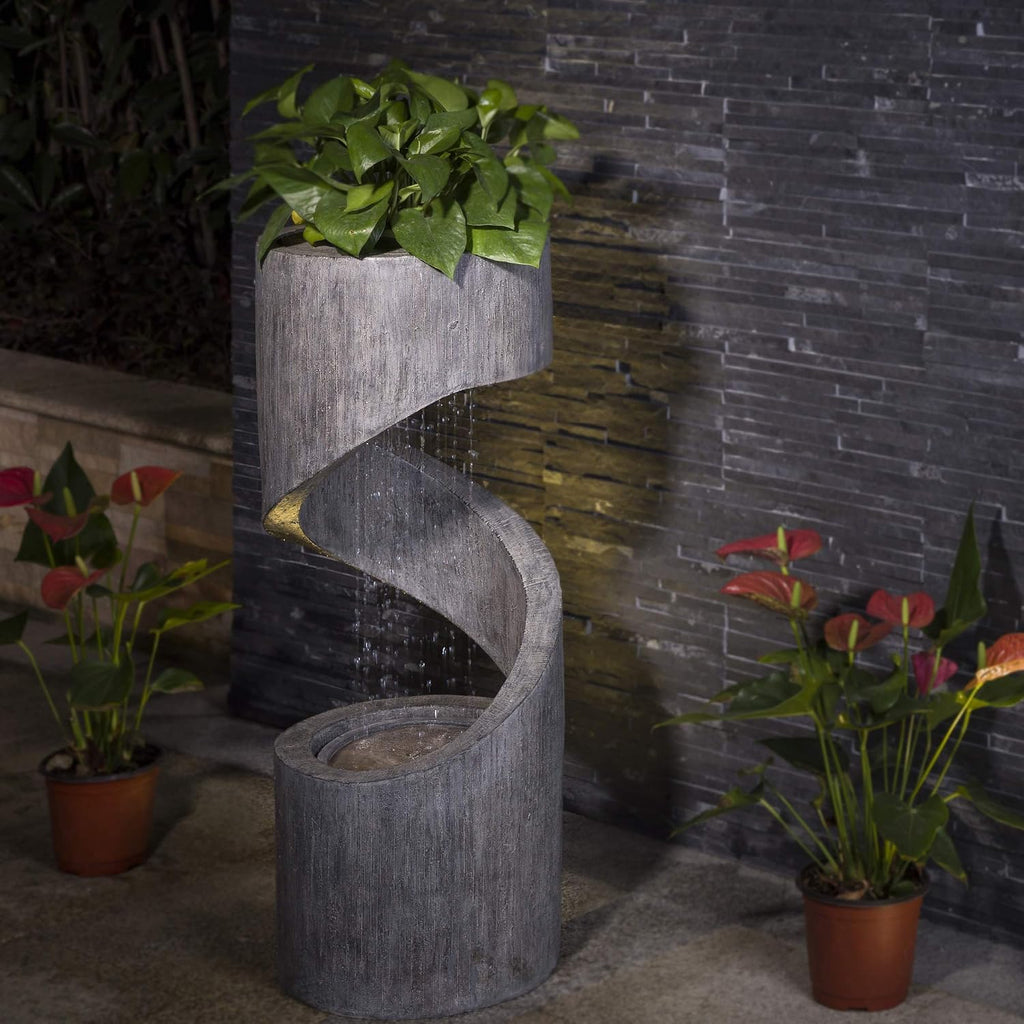 Glitzhome Outdoor Water Fountain with LED Light, Spiral Outdoor Fountain Waterfall with Stone Planter, Modern Curved Freestanding Fountain Water Feature for Garden Patio Backyard, 31.3' H