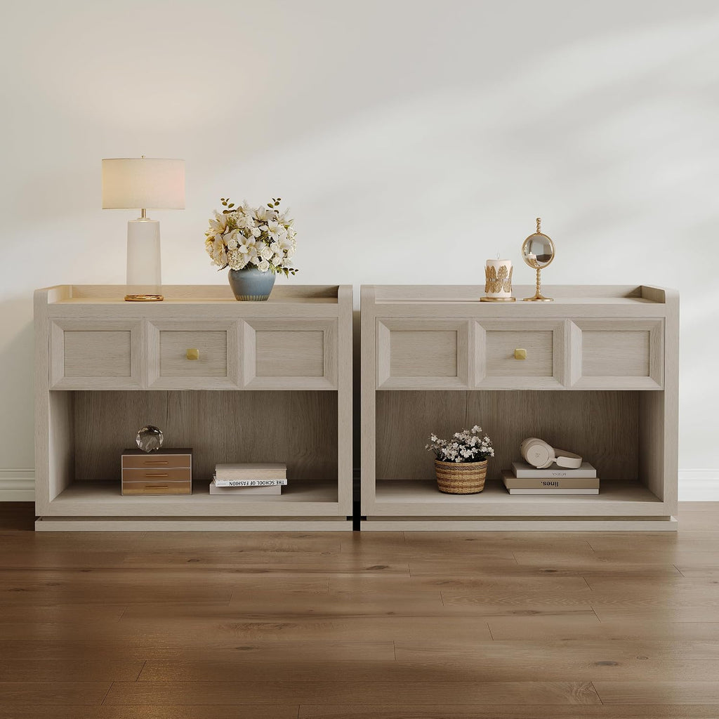 SICOTAS 31' Wide Nightstands Set of 2, Large Night Stands with Drawer, Oversized King Size Nightstand Bedside Table for Bedroom, Farmhouse End Side Table Set of 2 with Round Corners,Grey White Oak