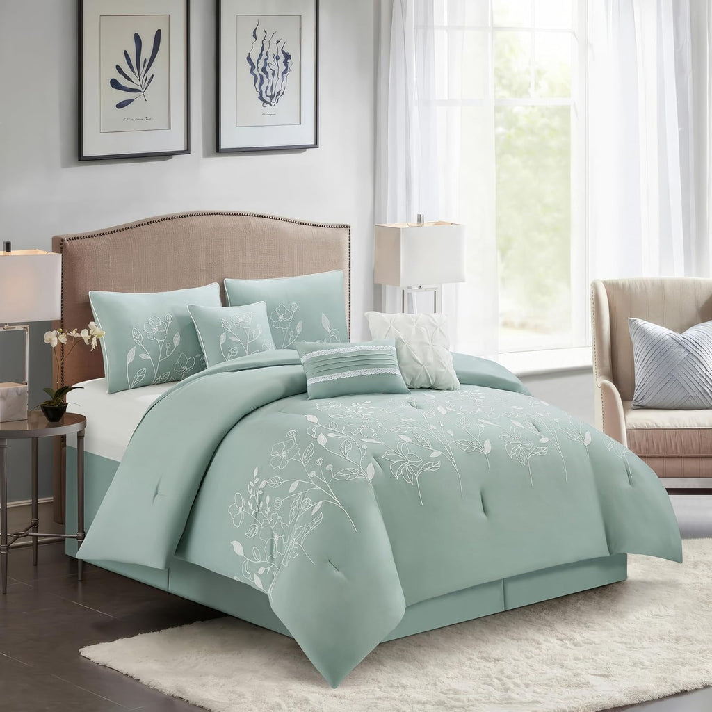 Stratford Park 7 Piece Green Comforter Set, Embroidery, Queen Size, Girls Bedding, All Season Bedding Set, Unique Pattern, Matching Decorative Pillows, Pillow Sham