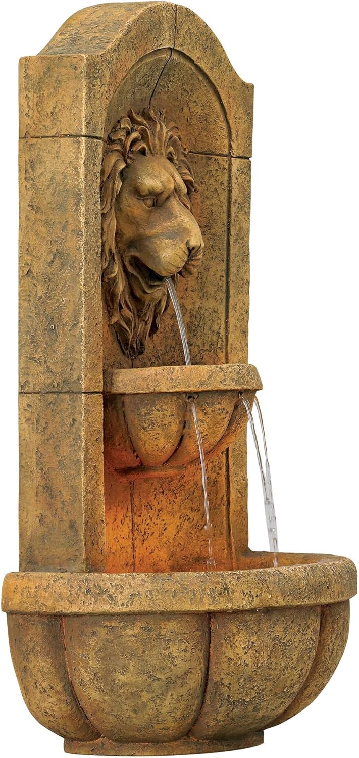 Royal Lion Head 29 1/2' High Large Italian Indoor Outdoor Decor Faux Stone Wall Fountain with Light LED Statue Waterfall Tiered Water Feature for Outside Garden Patio Yard Backyard - John Timberland