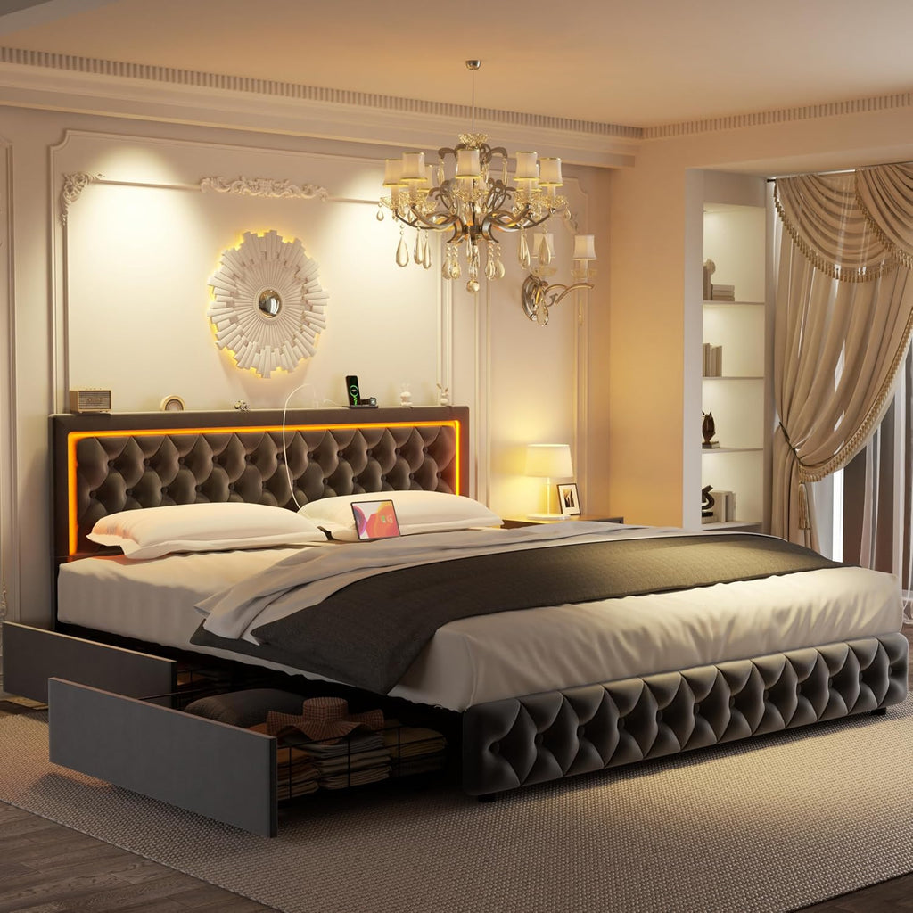 Full Bed Frame with 4 Storage Drawers, Velvet Upholstered Bed Frame Full Size with Charging Station and LED Lights, 46' Adjustable Button Tufted Headboard, No Box Spring Needed, Grey