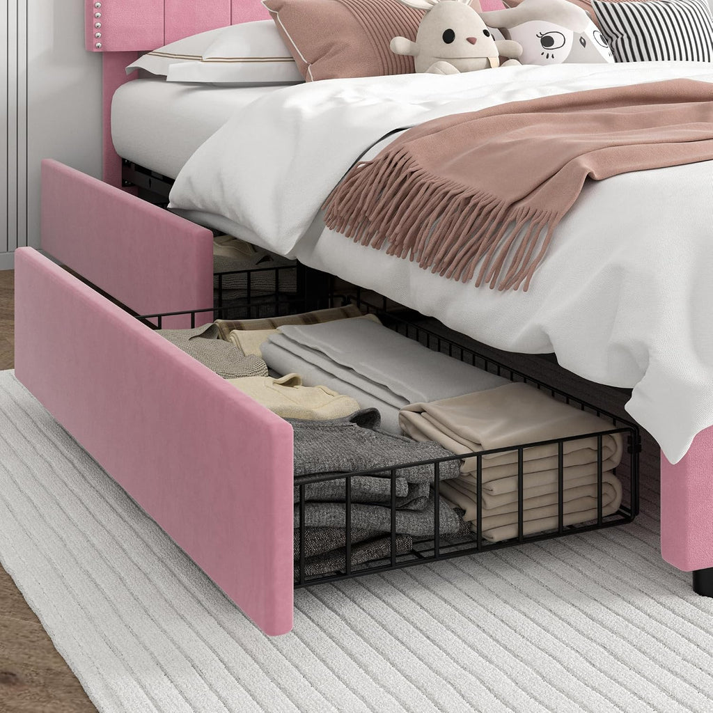 VECELO Queen Upholstered Platform Bed Frame with 4 Storage Drawers,Velvet Vintage Queen Bed with Nailhead Trim,Tufted Height Adjustable Headboard,Wooden Slats/No Box Spring Needed/Easy Assembly