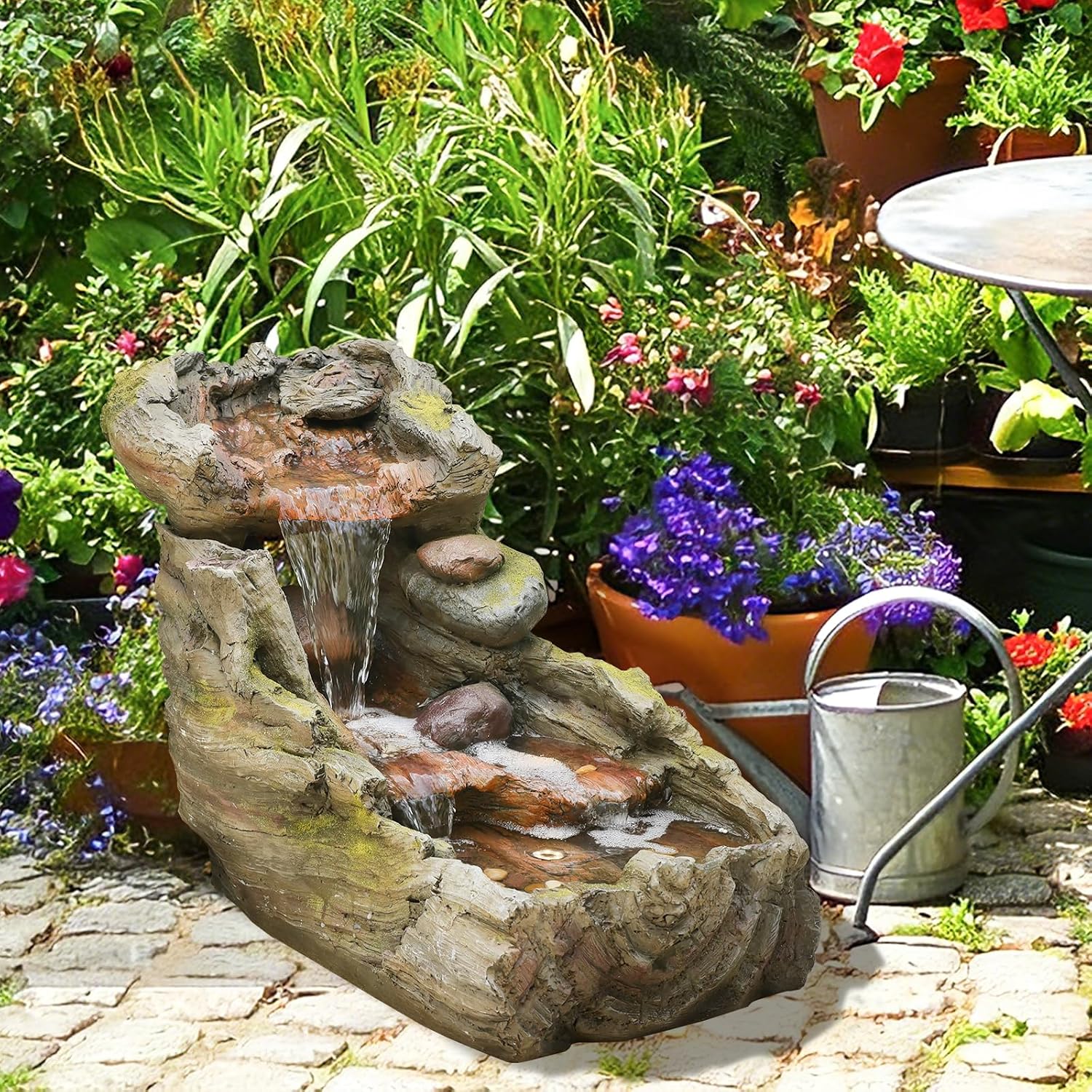 Sunlinua 23.62' L Outdoor Water Fountain with 3 Tiers Cascading Realistic Tree Trunk Waterfall Fountains with LED Lights Outdoor Water Fountain for Garden Patio Backyard Porch Home Decor