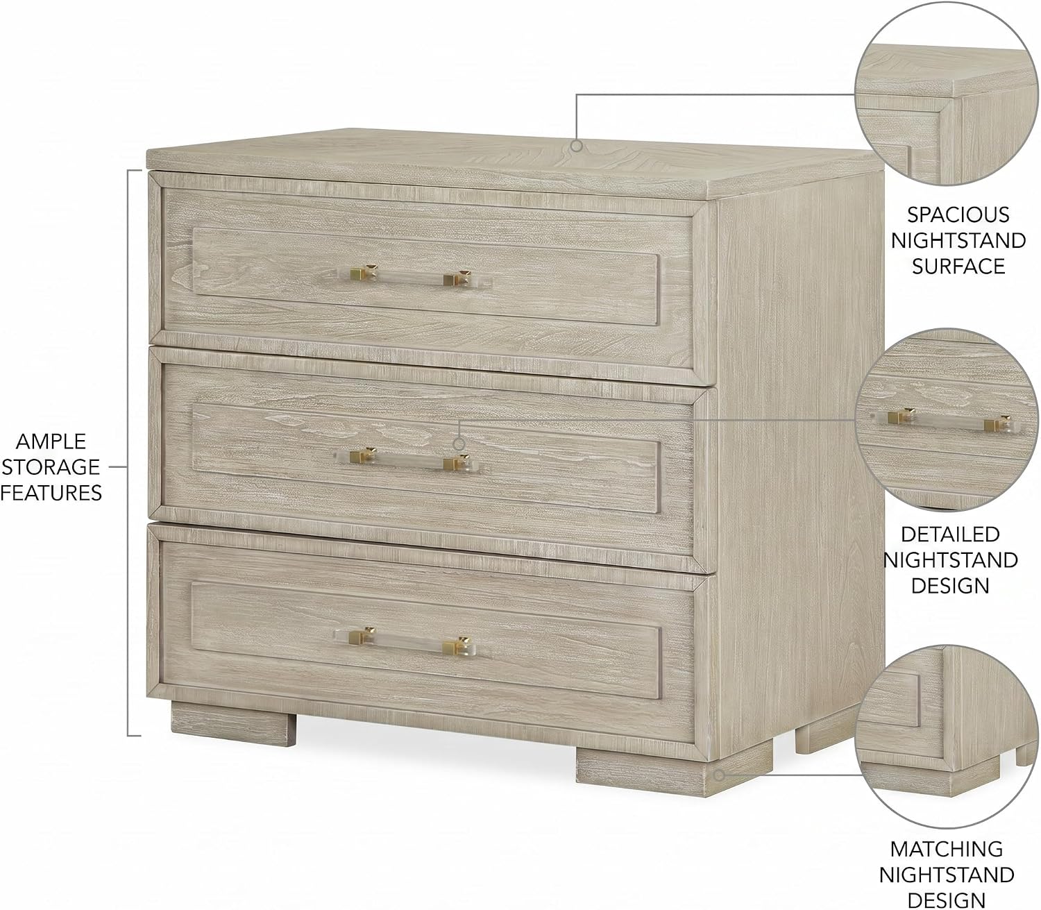 First of a Kind Celine Modern Nightstand - Wood Warm Finish Contemporary Bedside Table Clean Lines, Sleek Handles 32 Inch - Bedroom Furniture for Coordinated Interiors