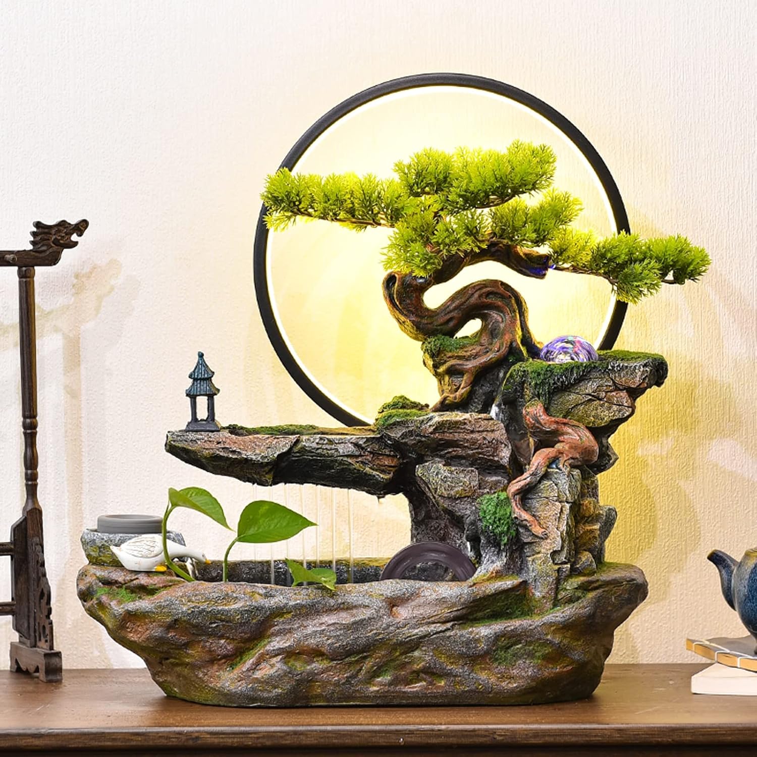 Tabletop Water Fountain Tabletop Water Fountain Indoor Waterfalls Fountains Decorative Tabletop Fountain with LED Light Artificial Bonsai Tree Design Best Home Gifts for Parents or Friends Indoor Foun