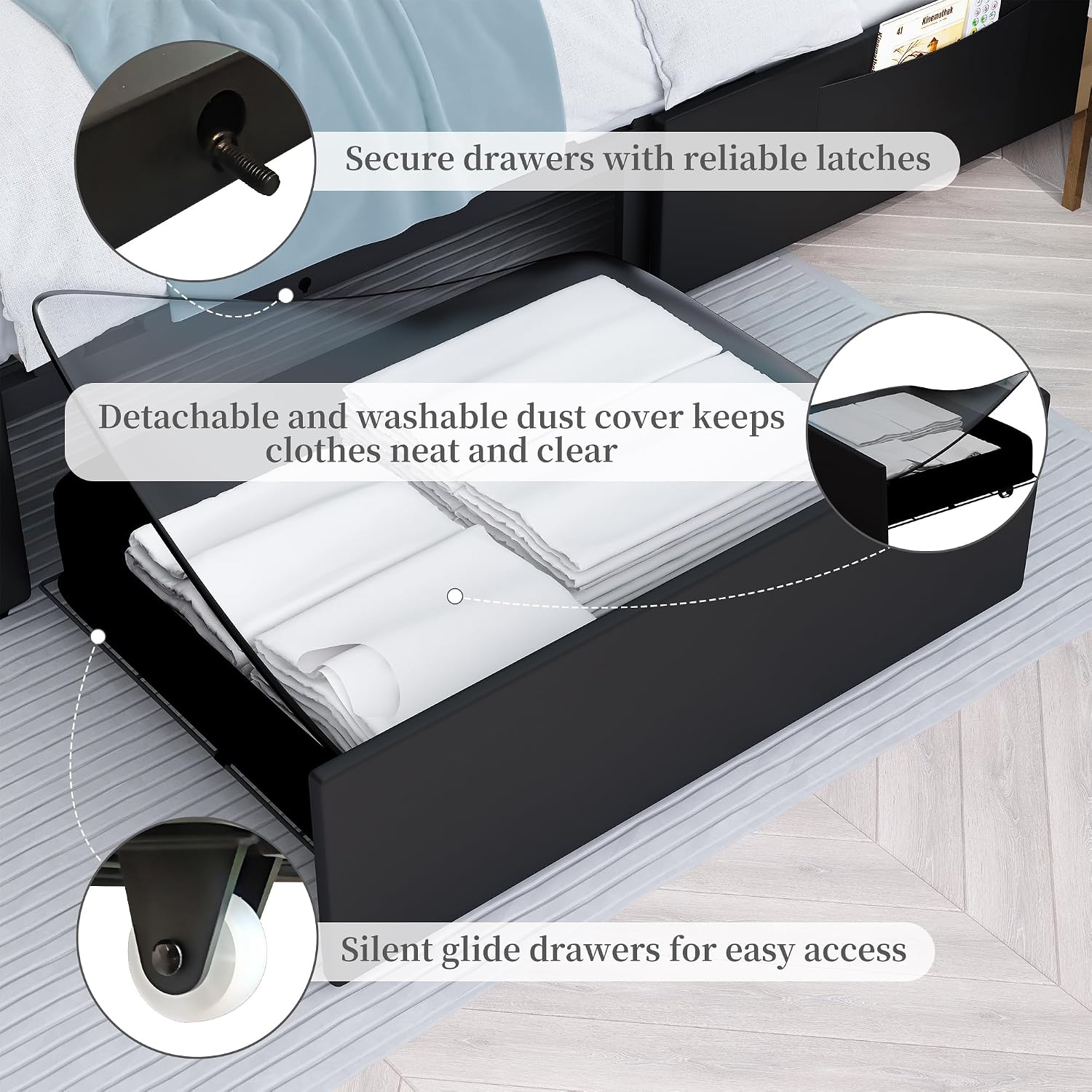 Sibeds King Led Bed Frame with 2 Drawers, Heavy Duty King Size Platform Bed with Storage, Upholstered Bed Frames with Adjustable Headboard, Solid Support, No Box Spring Needed, Easy Assembly, PU Black