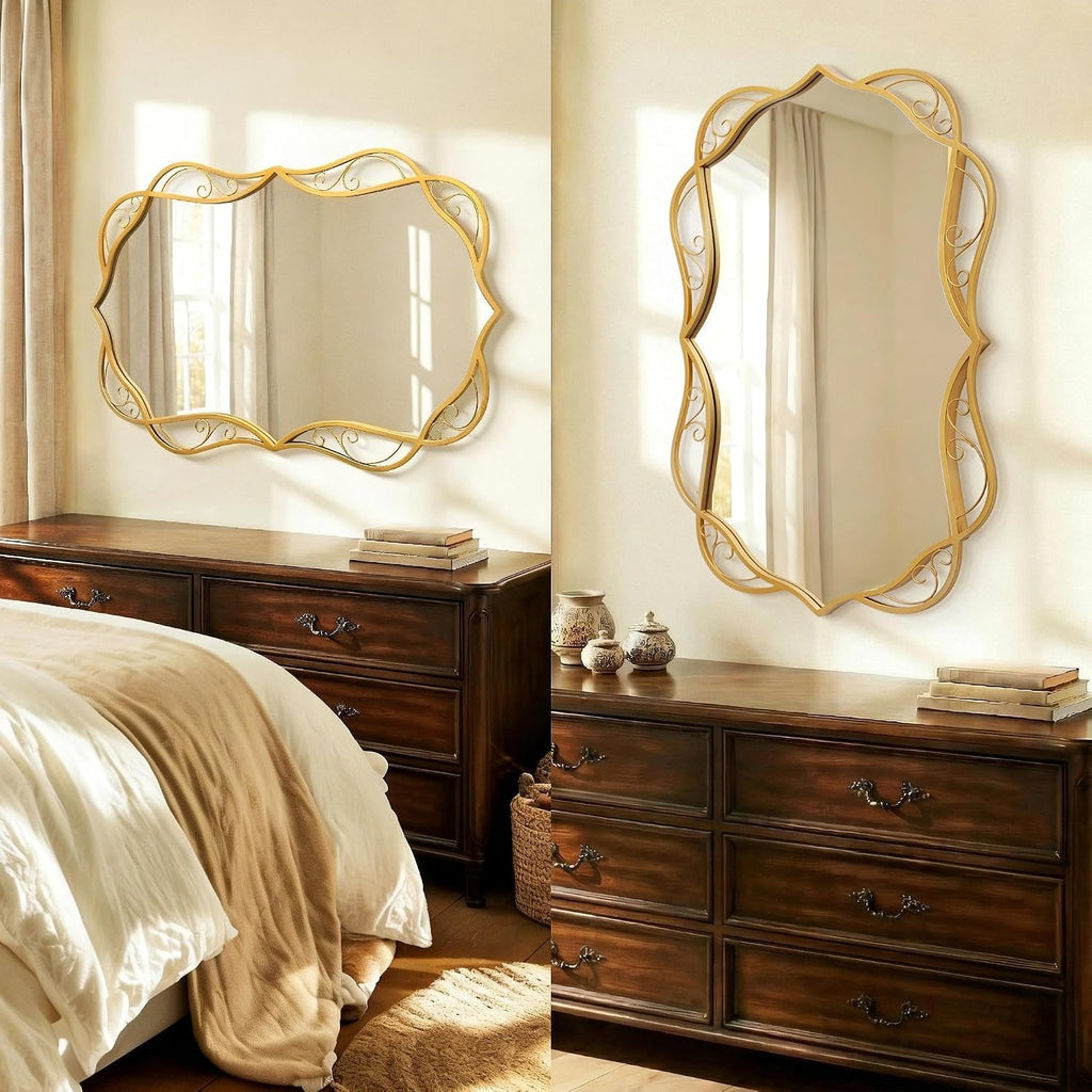 Besdomus Antique Gold Bathroom Mirror: 24'x36' Scalloped Modern Large Bathroom Vanity Mirrors for Over Sink - Farmhouse Decorative Vertical or Horizontal Hanging for Bathroom/Living Room/Entryway