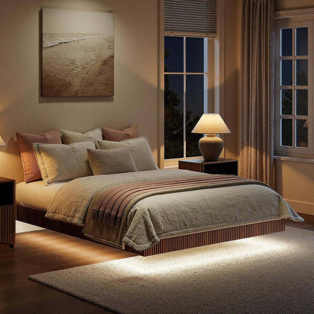 Evermagin Walnut Queen Floating Bed Frame with led Lights, Fluted 12In High Platform Bed No Headboard, Mid Century Modern Float Metal Bedframe, No Box Spring Needed (Walnut, Queen-12in high)