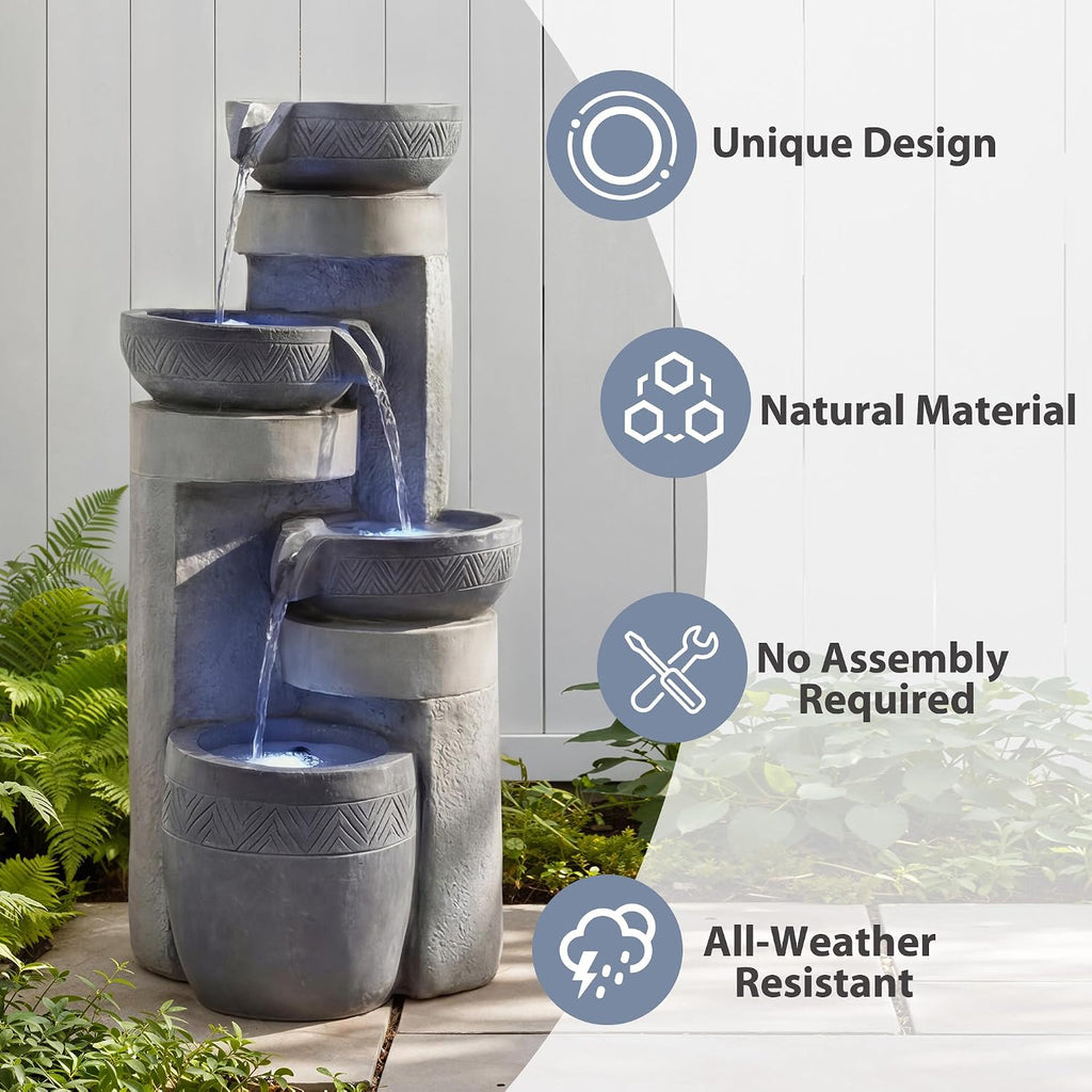 31.5' Tall Outdoor Water Fountain, 4 Tier Cascading Bowls and Stacked Water Fountain with LED Lights, for Yard Décor, Backyard, Patio and Deck (31.5'')
