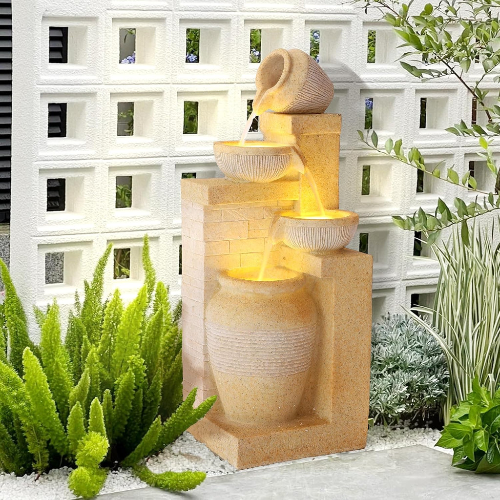 Grepatio 4-Tiers Indoor/Outdoor Garden Water Fountain, 32'H Cascading Water Feature Waterfalls Fountain with LED Lights, Outdoor Floor Standing Water Fountains for Garden, Yard, Patio, Decor (Yellow)