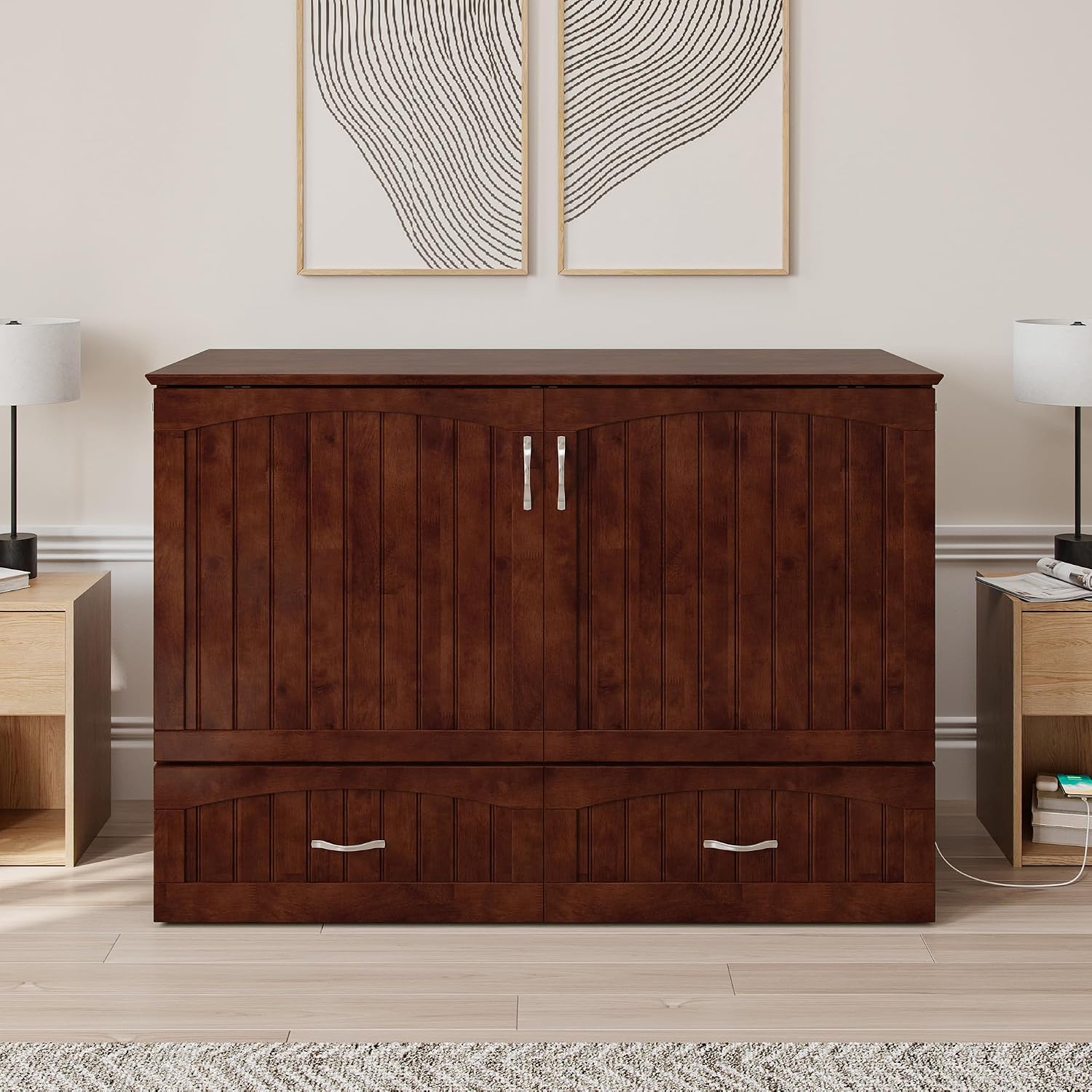 AFI, Southampton Murphy Bed Chest Full with 6' Mattress, Built-in USB Charger & Storage Drawer, Walnut