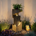 Modern Rectangular Water Fountain Outdoor with LED Lights & Planter Top, 35.4' Tall Resin Cascading Waterfall Feature for Patio Backyard Garden Décor, Outdoor Water Feature