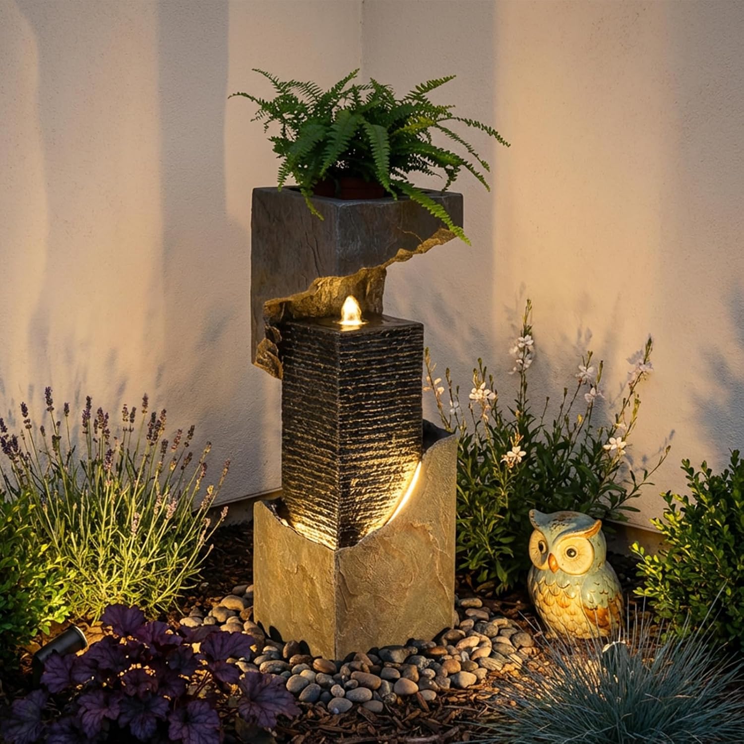 Modern Rectangular Water Fountain Outdoor with LED Lights & Planter Top, 35.4' Tall Resin Cascading Waterfall Feature for Patio Backyard Garden Décor, Outdoor Water Feature