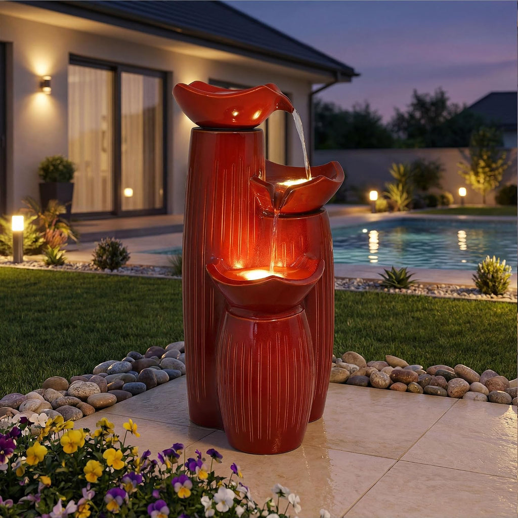 30' H Ceramic Outdoor Water Fountain with LED Lights, 3-Tier Cascading Lotus Bowls Water Feature, Tranquil Waterfall for Relaxing Garden, Patio, Yard, Terracotta Red, Vertical Striped Texture