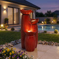 30' H Ceramic Outdoor Water Fountain with LED Lights, 3-Tier Cascading Lotus Bowls Water Feature, Tranquil Waterfall for Relaxing Garden, Patio, Yard, Terracotta Red, Vertical Striped Texture