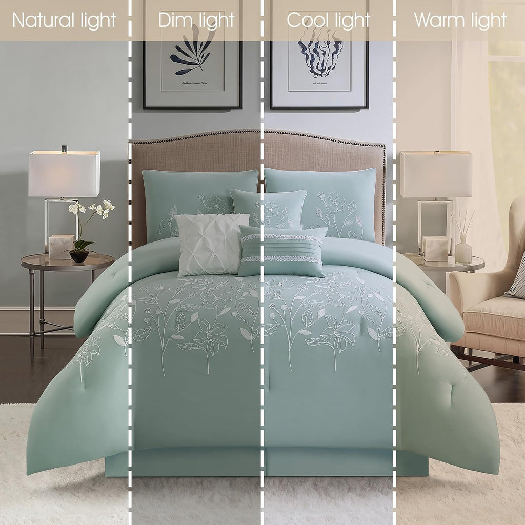 Stratford Park 7 Piece Green Comforter Set, Embroidery, Queen Size, Girls Bedding, All Season Bedding Set, Unique Pattern, Matching Decorative Pillows, Pillow Sham
