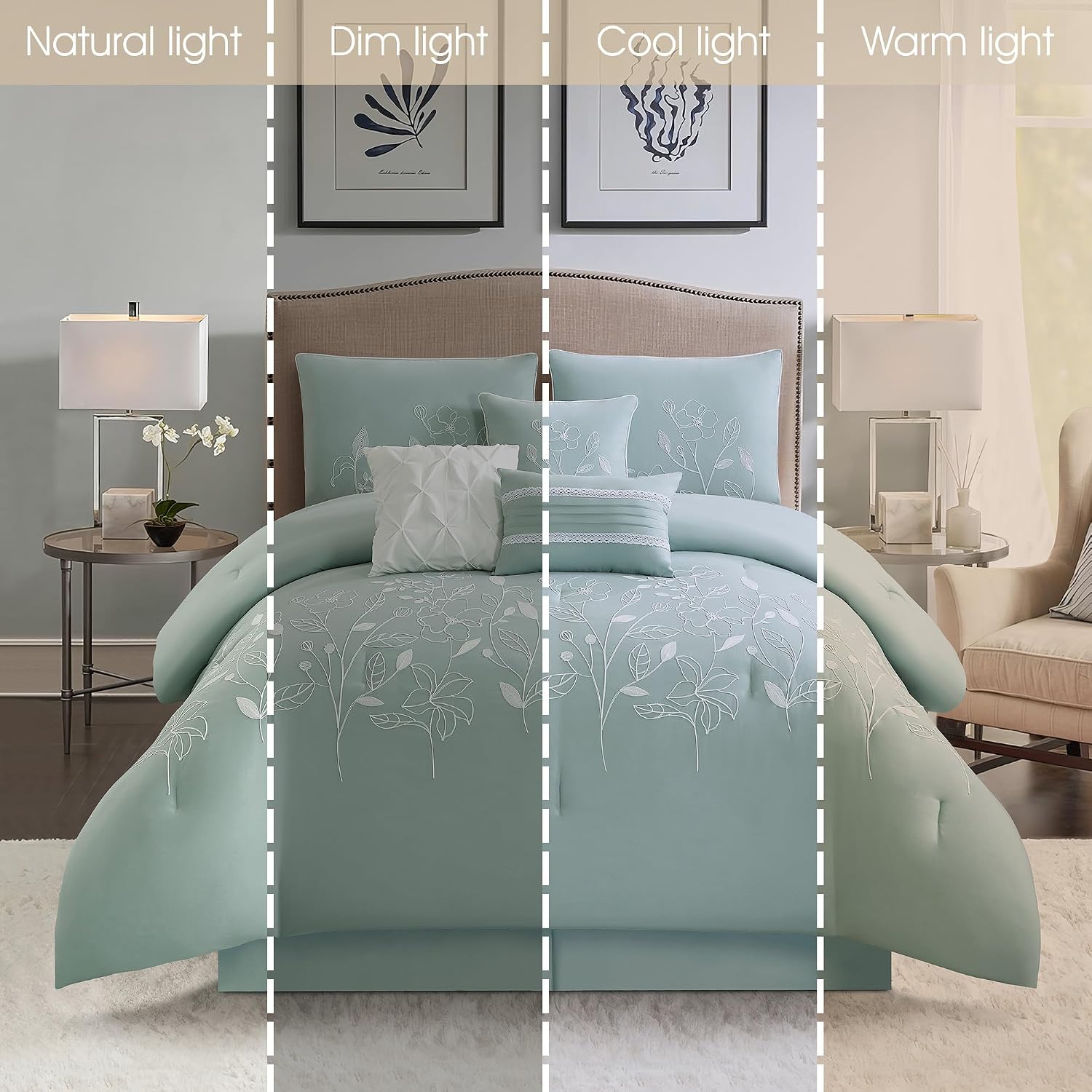 Stratford Park 7 Piece Green Comforter Set, Embroidery, Queen Size, Girls Bedding, All Season Bedding Set, Unique Pattern, Matching Decorative Pillows, Pillow Sham