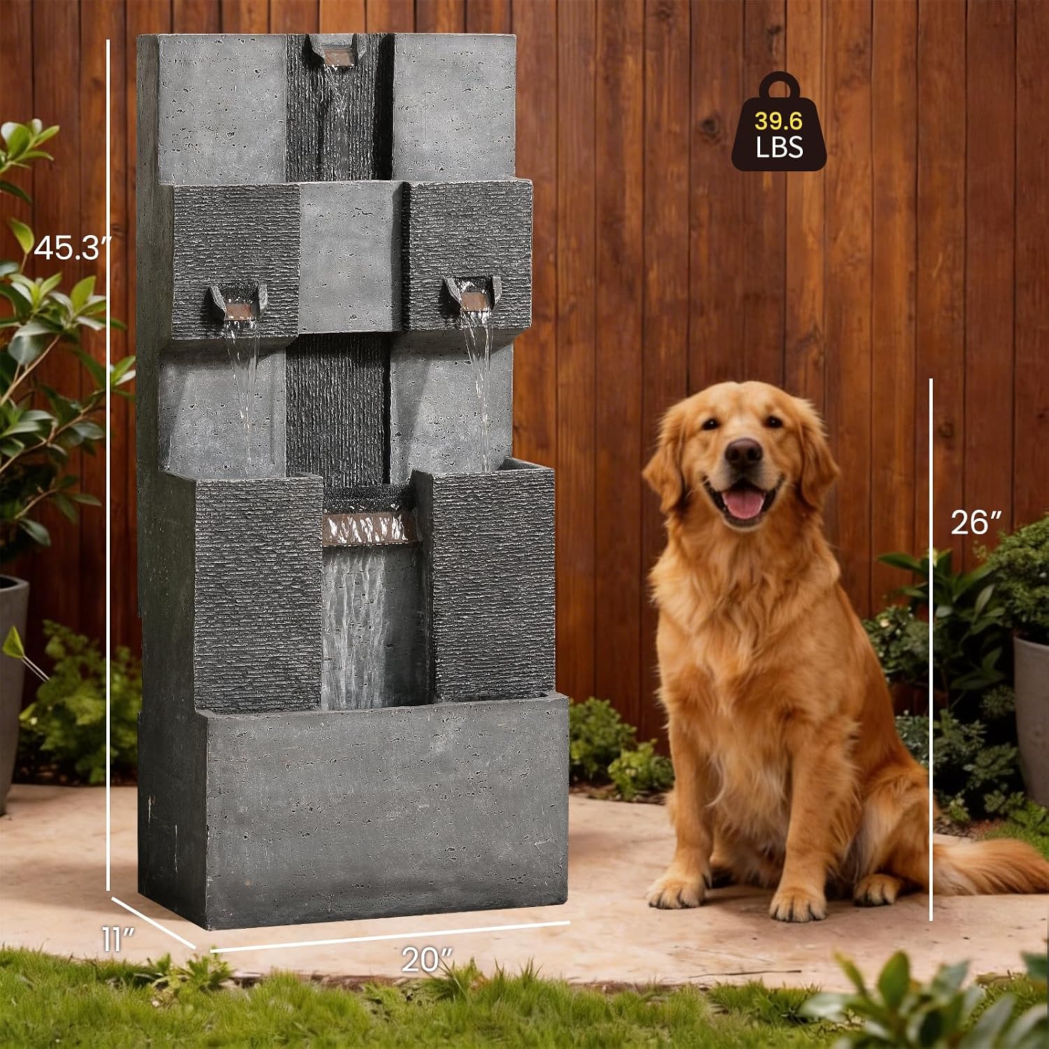 Sunlinua 45H Modern Grid Outdoor Water Fountain with LED Light Garden Cascading Waterfall Feature for Indoor or Outdoor Cascading Waterfall for Relaxing Garden Patio Backyard Deck Porch or Home Décor