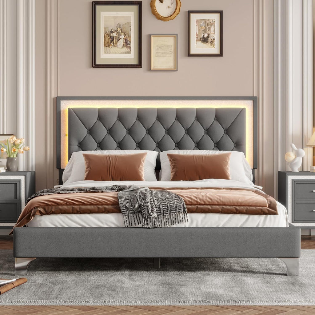 Flieks Queen Size Upholstered Bed Frame with LED Lights,Modern Velvet Platform Bed with Crystal Tufted Headboard,Gray