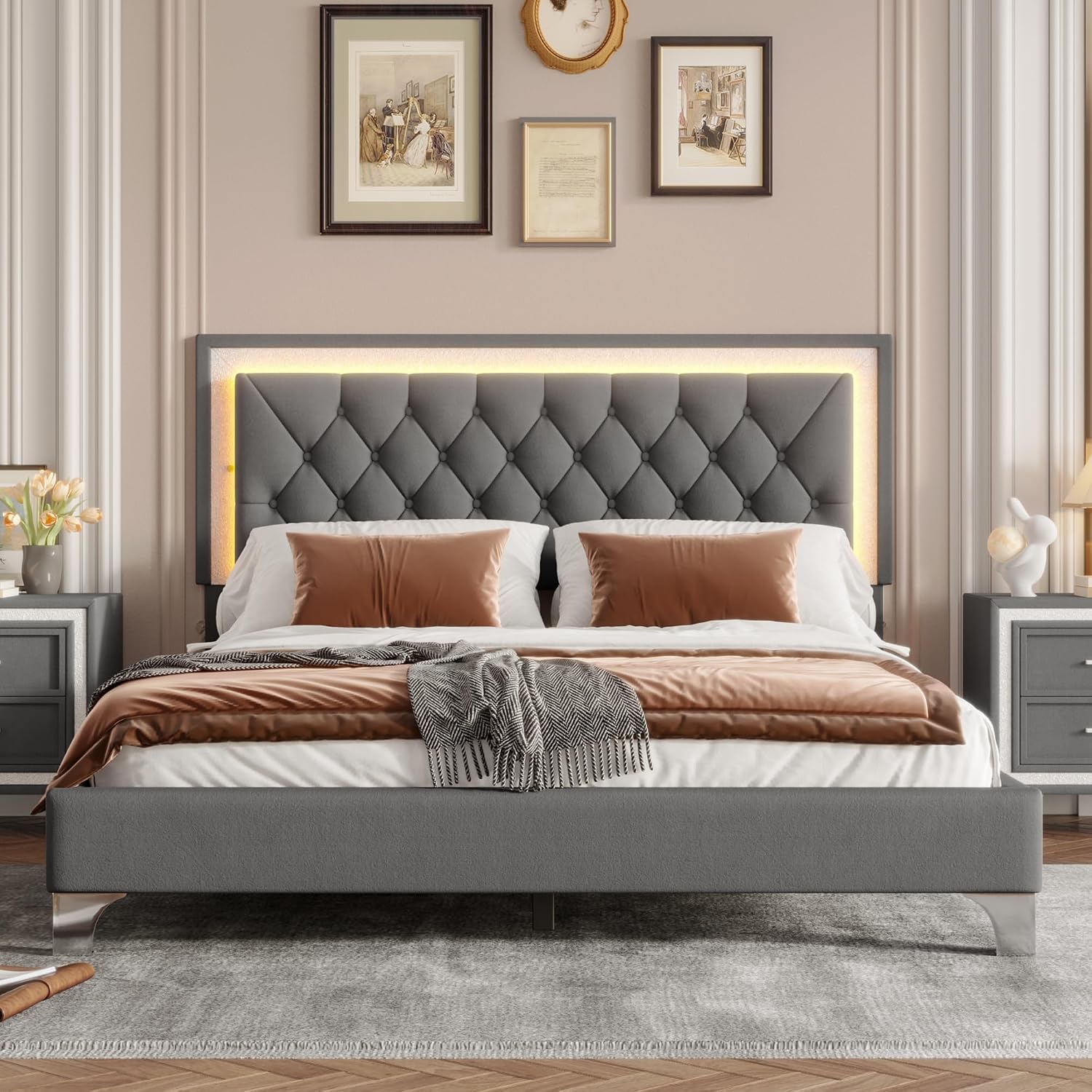 Flieks Queen Size Upholstered Bed Frame with LED Lights,Modern Velvet Platform Bed with Crystal Tufted Headboard,Gray