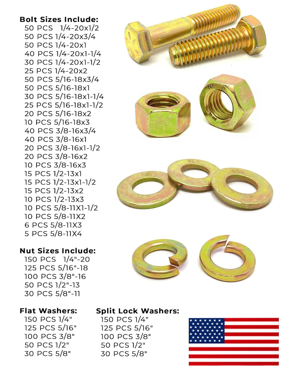 USA Made Grade 8 Hex Cap Bolts Screws, Nuts, Flat Washers, Lock Washers Assortment Kit - 2011 Pieces!