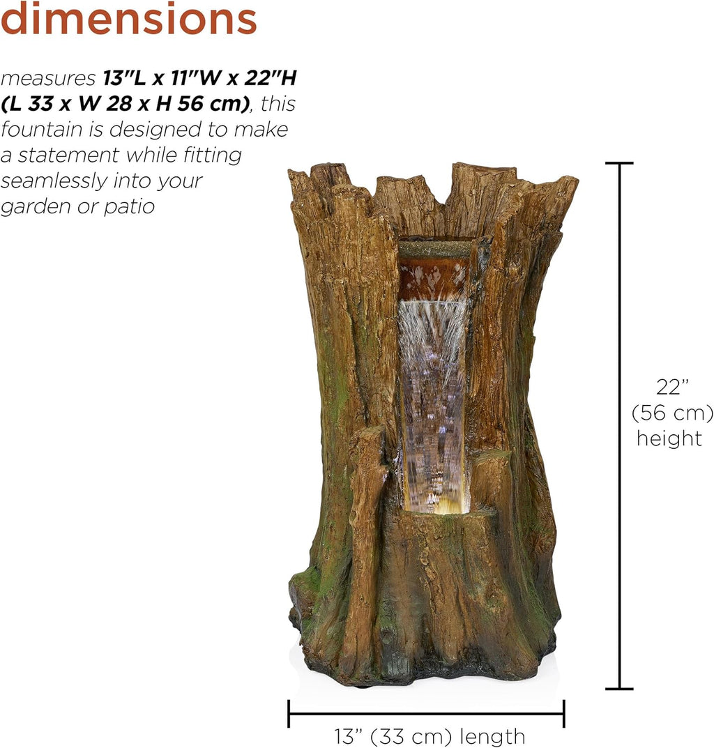 Alpine Corporation TZL294 Outdoor Tree Trunk Floor Fountain with Cool White LED Lights, Tiered Garden Decor, 22' H, Brown