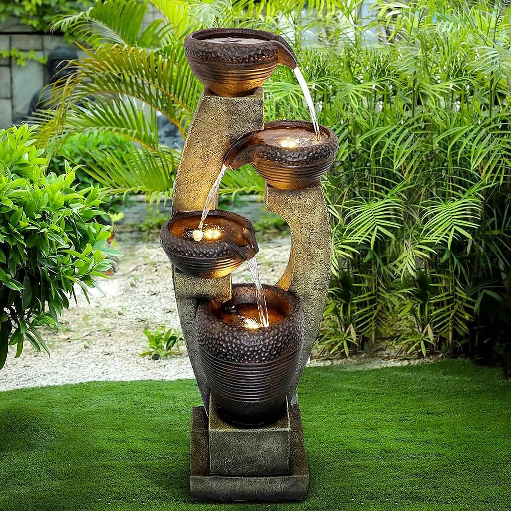 Naturefalls 40' Tall Outdoor Water Fountain and Waterfalls - Large Garden Fountain with LED Lights, 4-Tier Crocks, Indoor and Outdoor Fountains for Garden, Patio, Deck, Porch, Backyard and Home, Gray