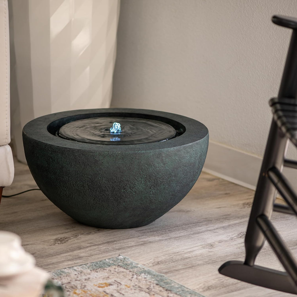 XBrand 19.8' W Round Sphere Water Fountain Indoor Outdoor with LED Light, Polyresin Bubbler Feature for Patio Garden Yard Home Décor, Dark Green