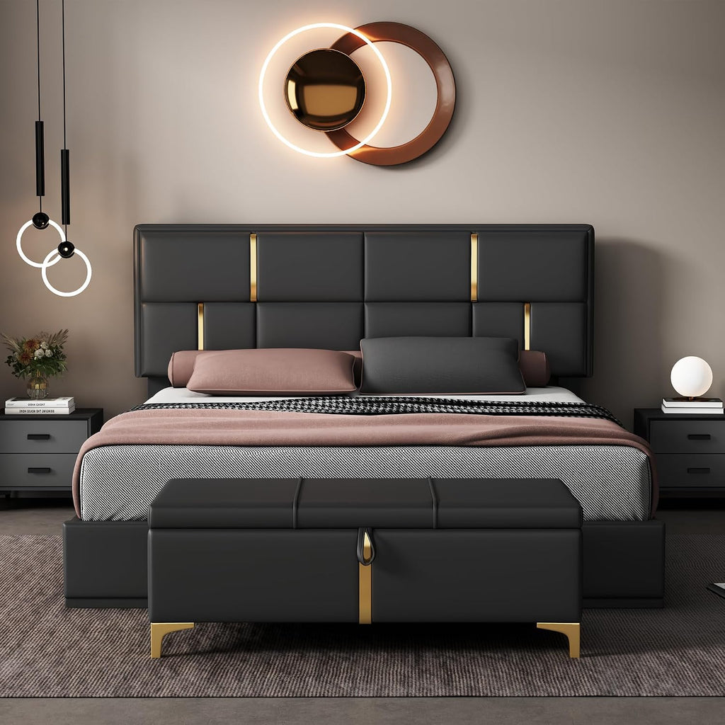 Queen Size Upholstered Bed Frame with Storage Ottoman, Hydraulic Storage Bed Frame with Headbaord and Storage Bench, 2-Piece Bedroom Furniture Set - Black