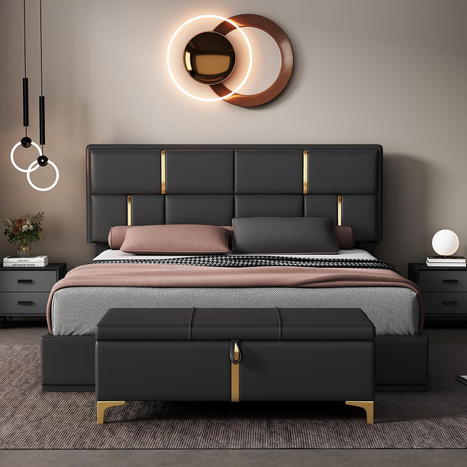 Queen Size Upholstered Bed Frame with Storage Ottoman, Hydraulic Storage Bed Frame with Headbaord and Storage Bench, 2-Piece Bedroom Furniture Set - Black