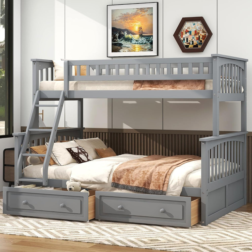 Harper & Bright Designs Convertible Wood Twin Over Full Bunk Bed with 2 Storage Drawers and Ladder - Can Be Divided Into Two Daybeds, Grey