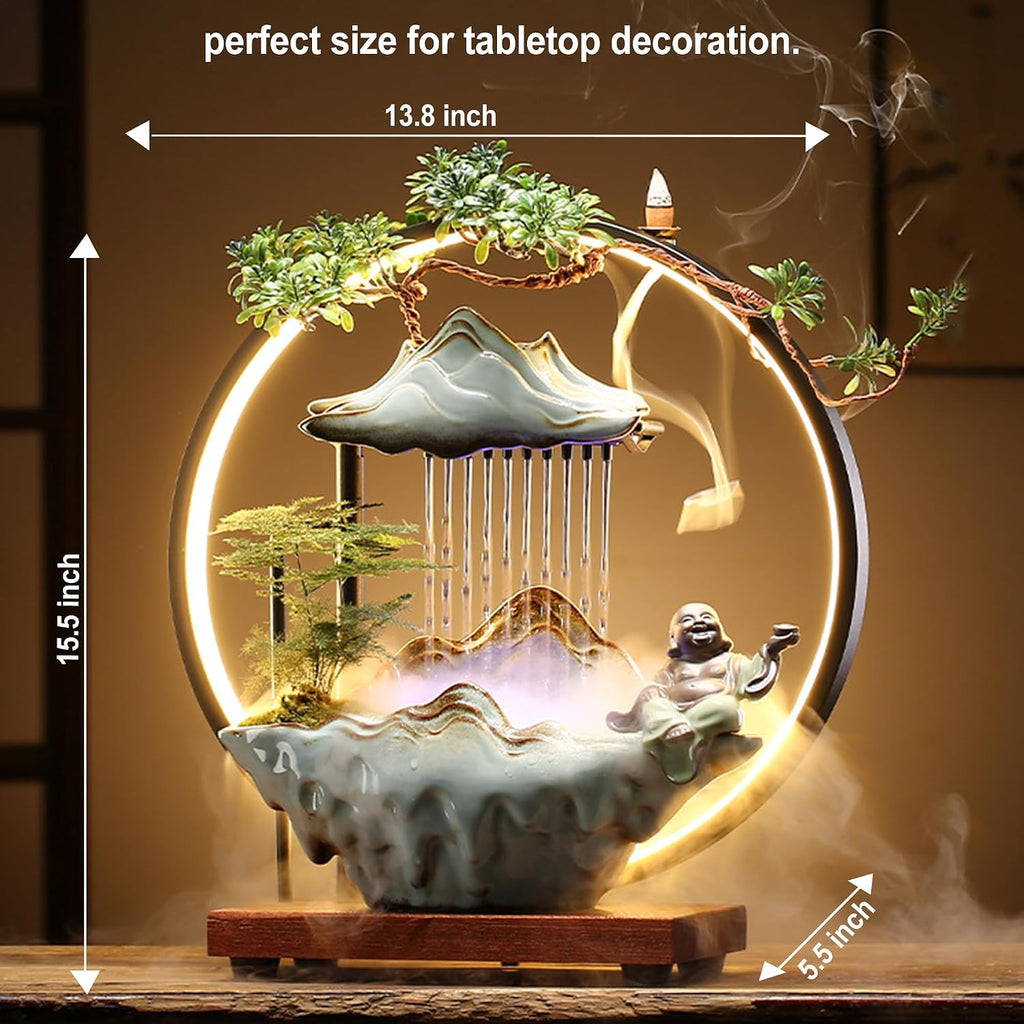 Buddha Tabletop Fountain Indoor Waterfall Fountain Office Tabletop Water Fountain with Lights Backflow Incense Burner Ceramic Indoor Zen Decor for Home Office Yoga Meditation (Buddha)