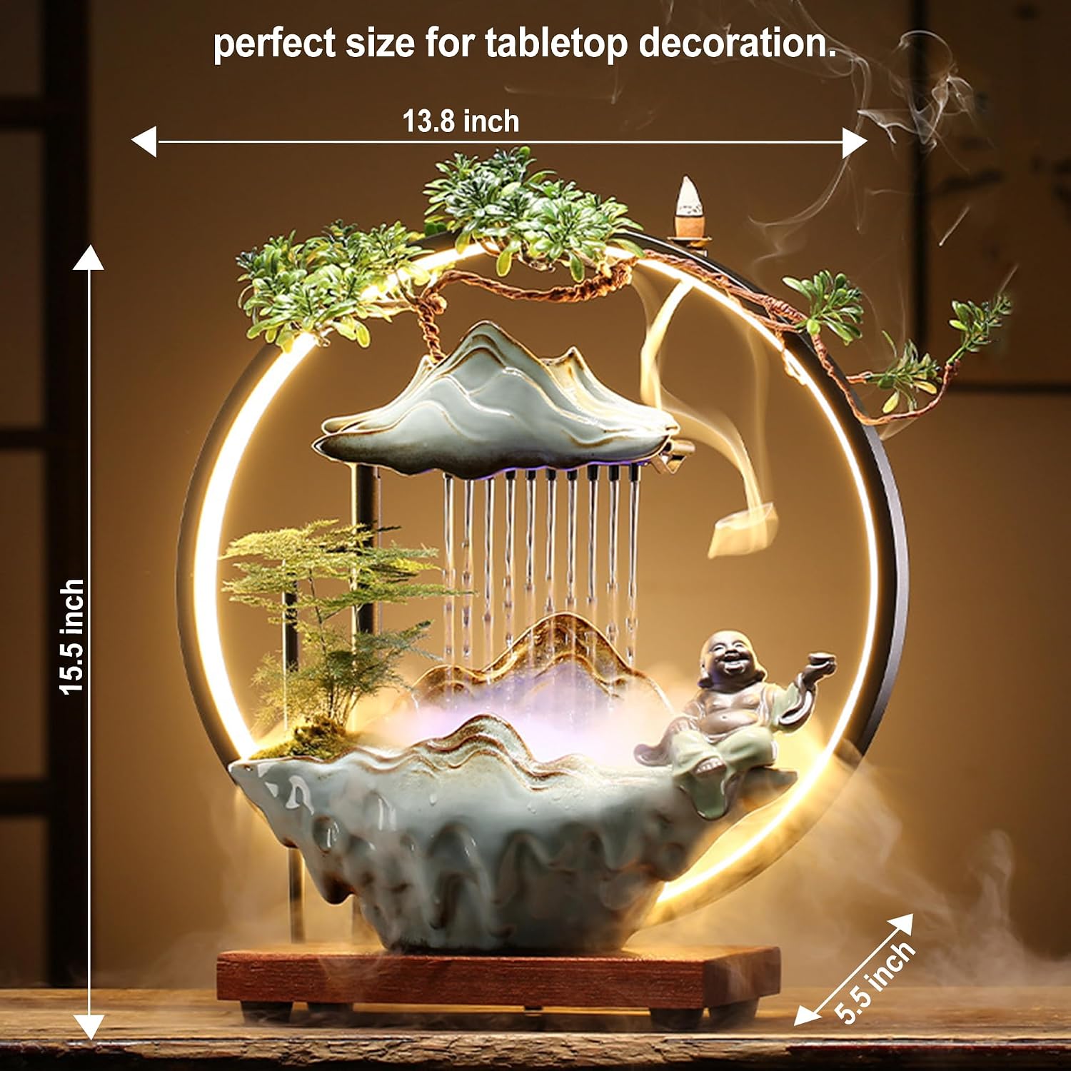 Buddha Tabletop Fountain Indoor Waterfall Fountain Office Tabletop Water Fountain with Lights Backflow Incense Burner Ceramic Indoor Zen Decor for Home Office Yoga Meditation (Buddha)