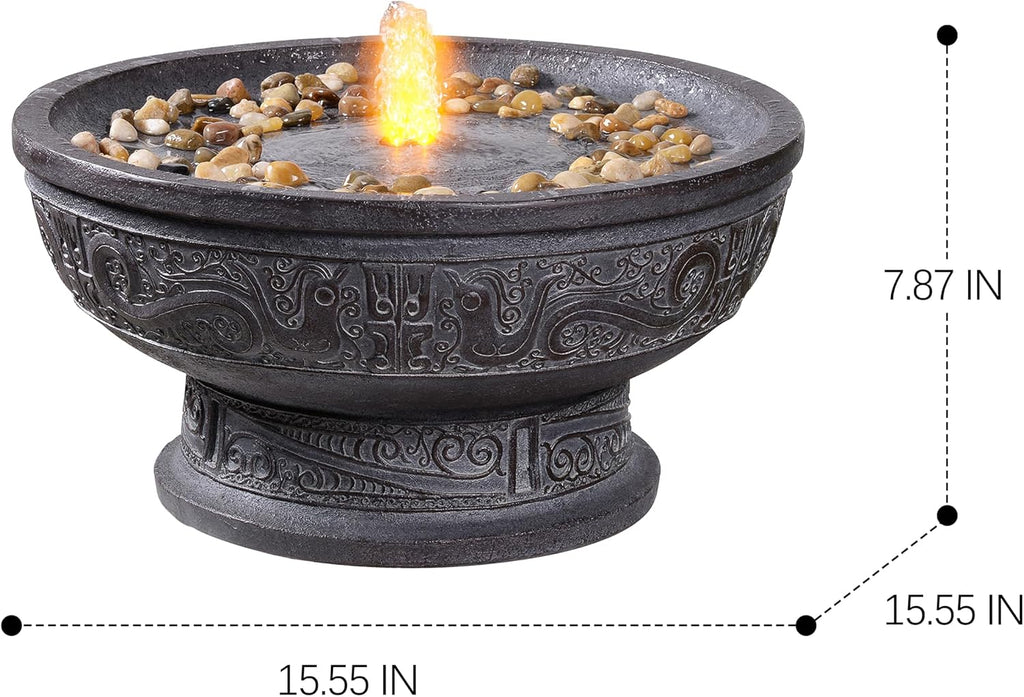 GOSSI Outdoor Water Fountain with Led Light Decorative Pedestal Bowl Design with River Stones Home Decoration, Modern Garden Fountain for Patio Decor